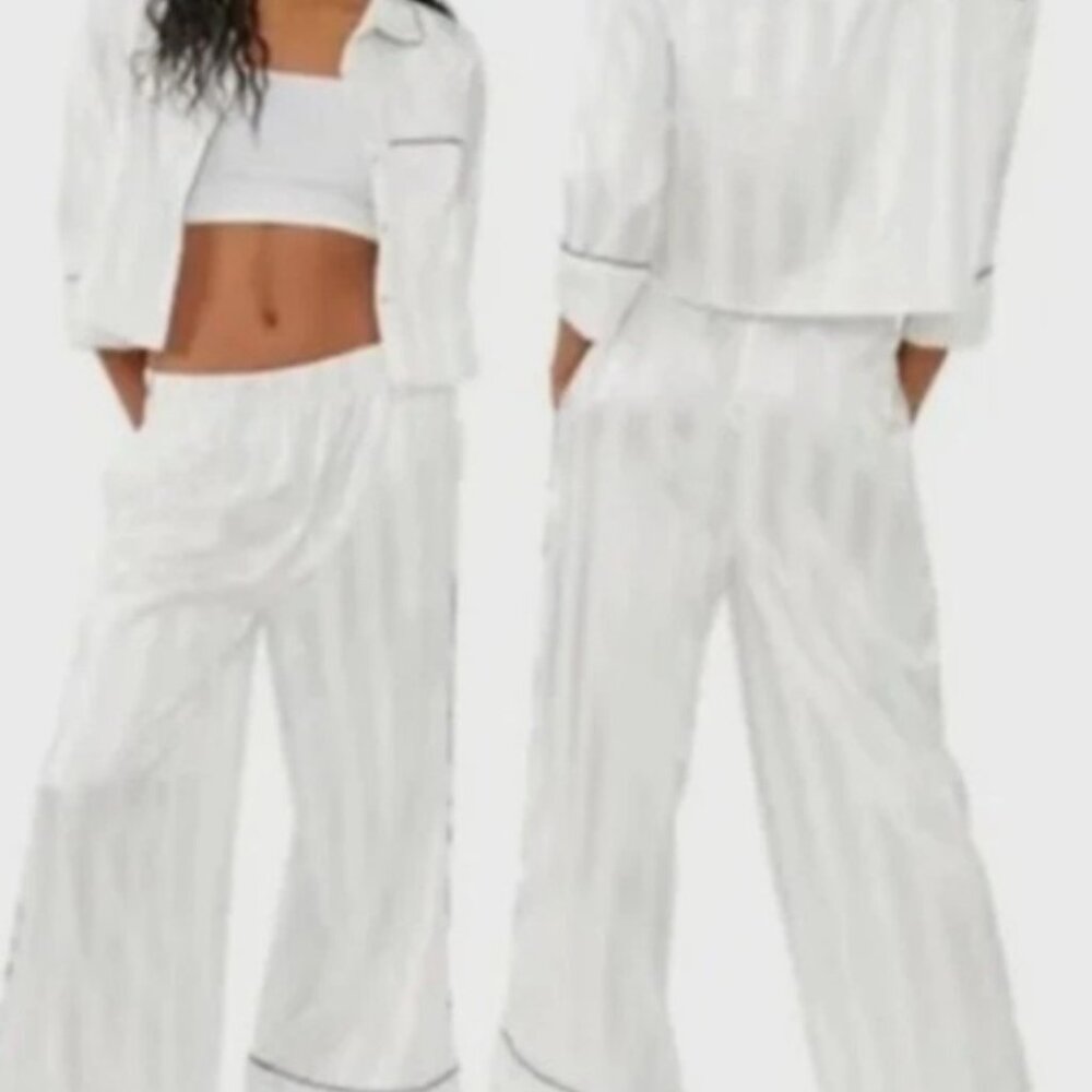 NWT Free People Party Pajama Long Sleeve Satin Wide Leg Matching Set Size Small